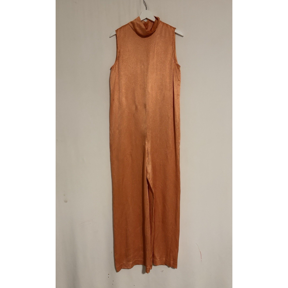Sally Lapointe Jumpsuit 6 Orange Satin Wide Leg Sleeveless Mock Neck